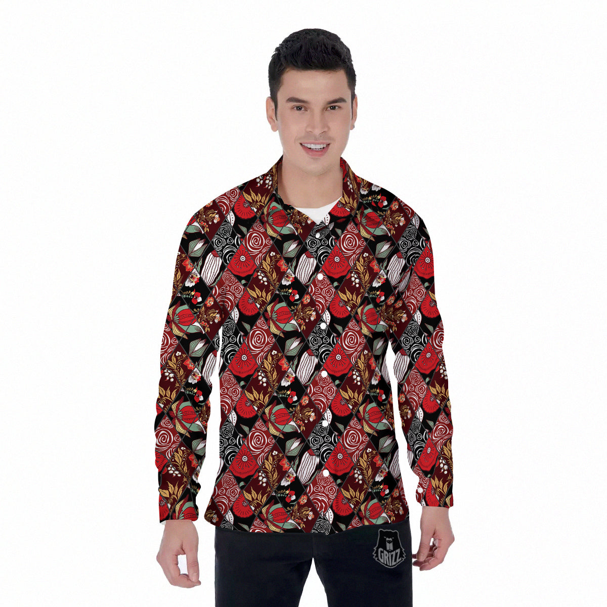 Patchwork Abstract Flower Print Pattern Men's Long Sleeve Shirts-grizzshop