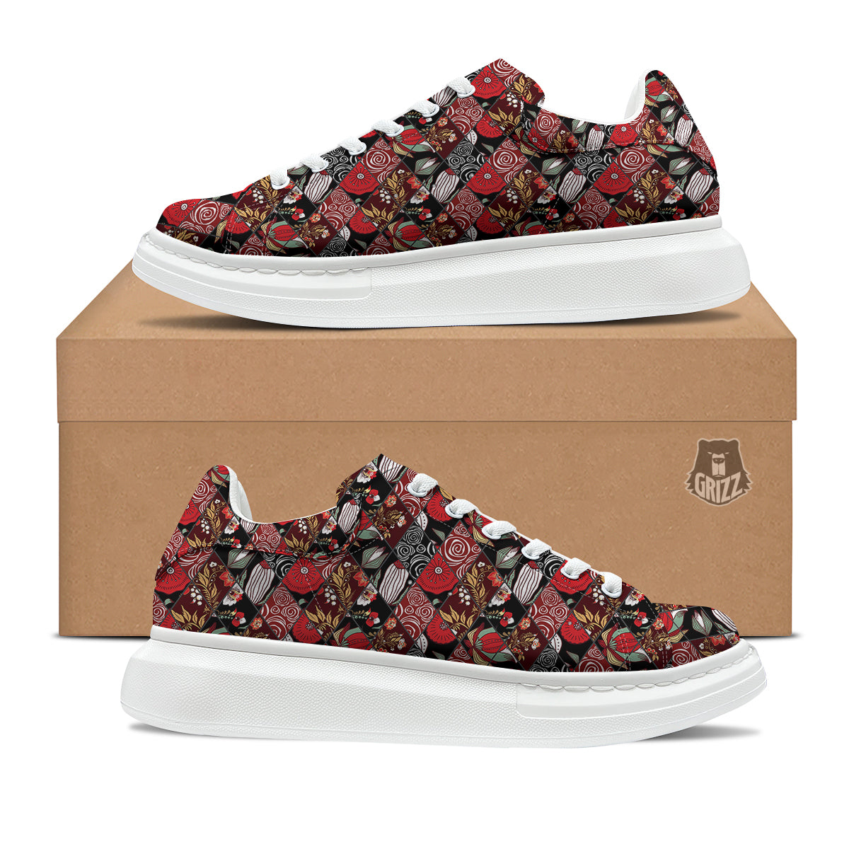 Patchwork Abstract Flower Print Pattern Platform Shoes-grizzshop