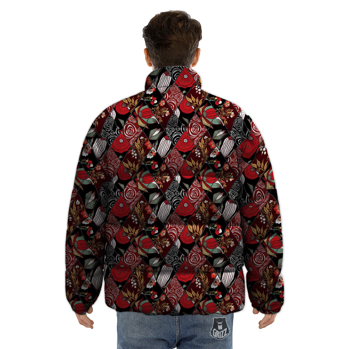 Patchwork Abstract Flower Print Pattern Puffer Jacket-grizzshop