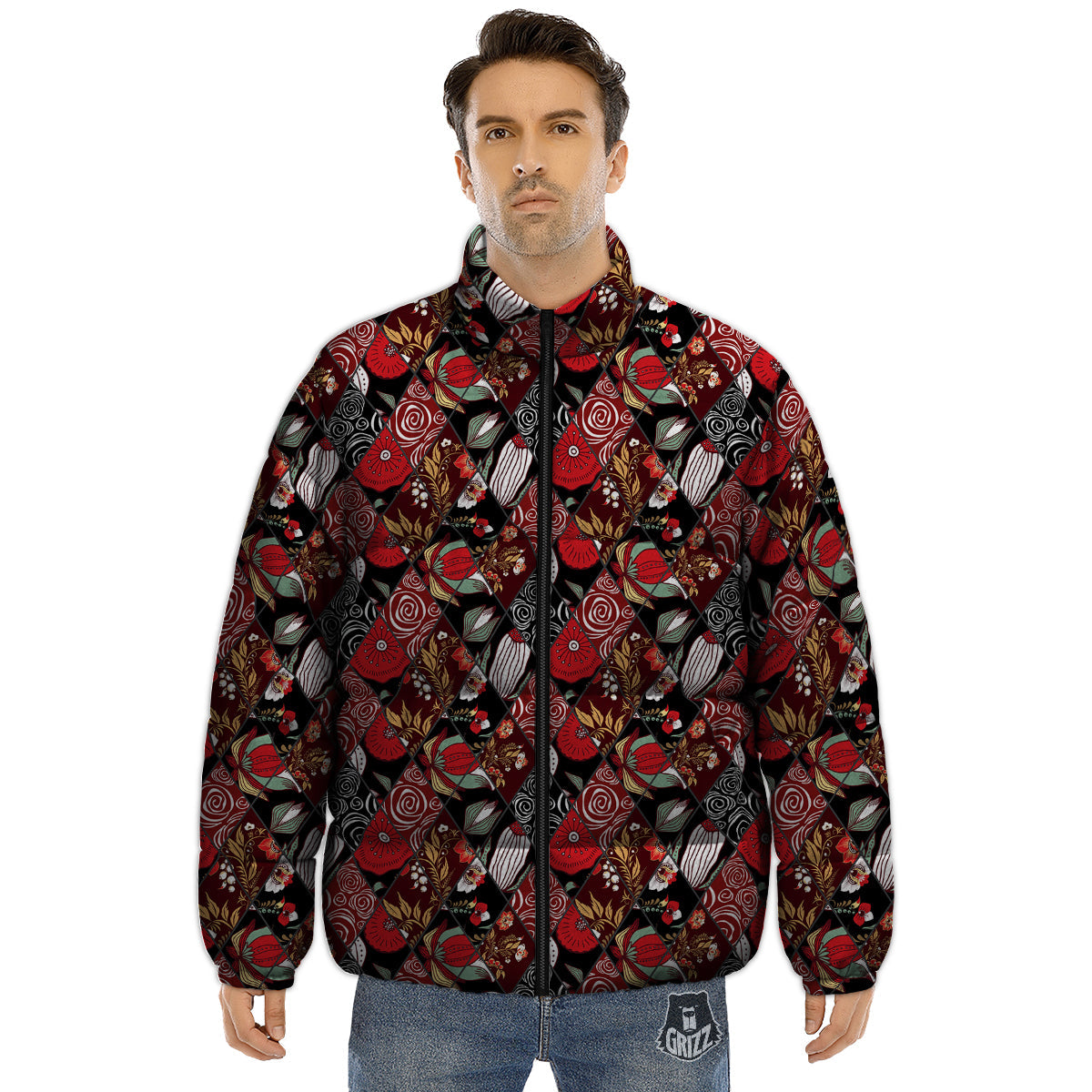 Patchwork Abstract Flower Print Pattern Puffer Jacket-grizzshop