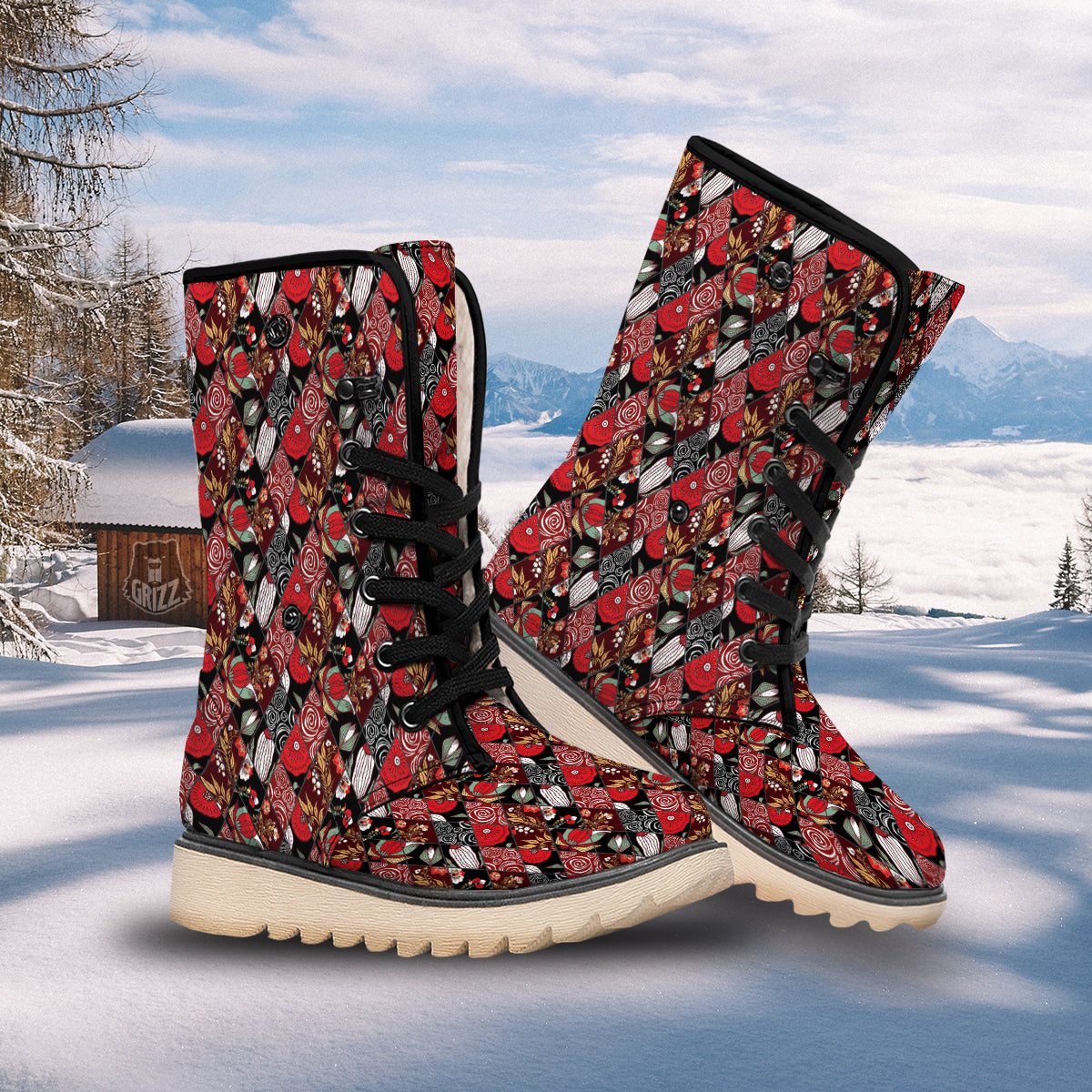 Patchwork Abstract Flower Print Pattern Snow Boots-grizzshop