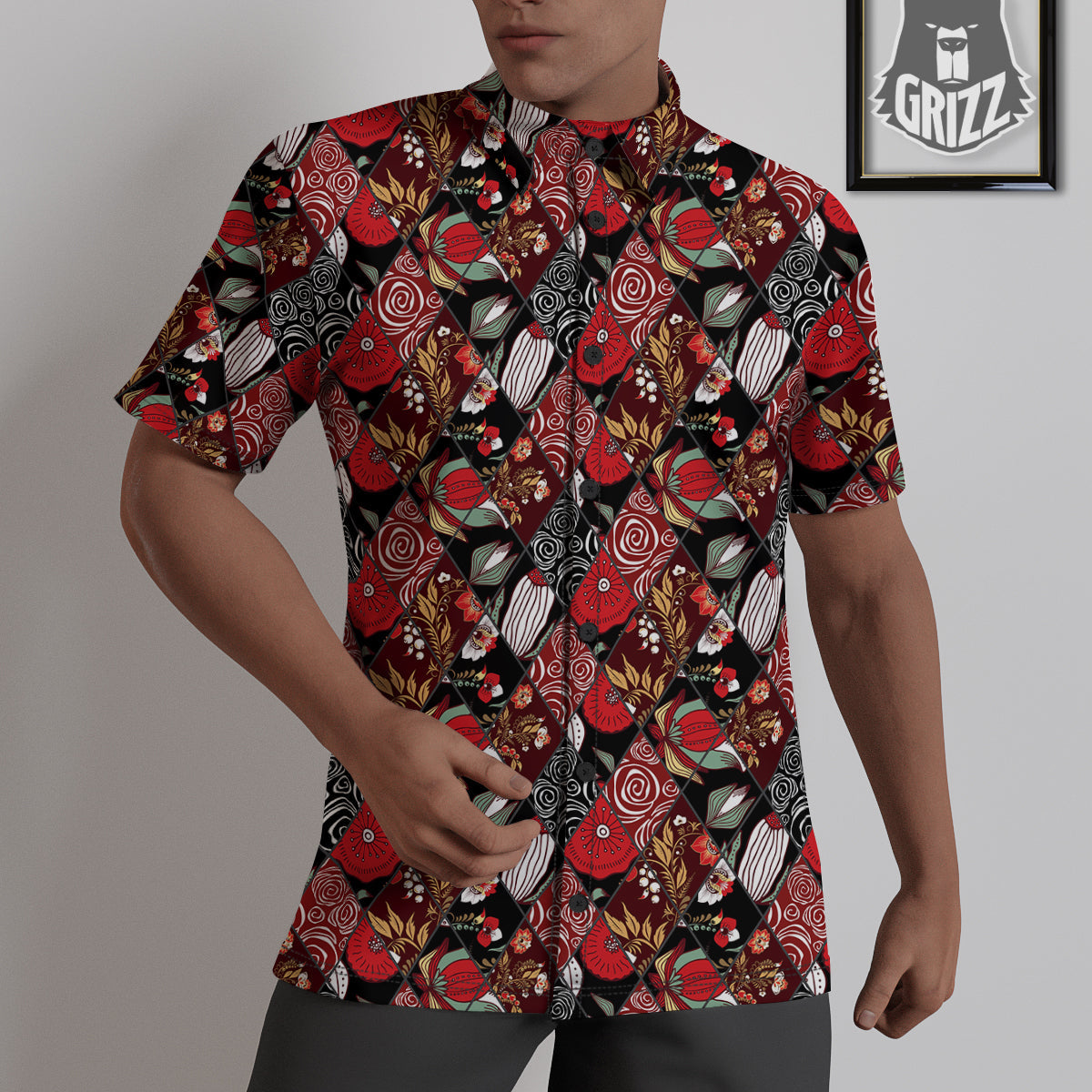 Patchwork Abstract Flower Print Pattern Untucked Shirts-grizzshop