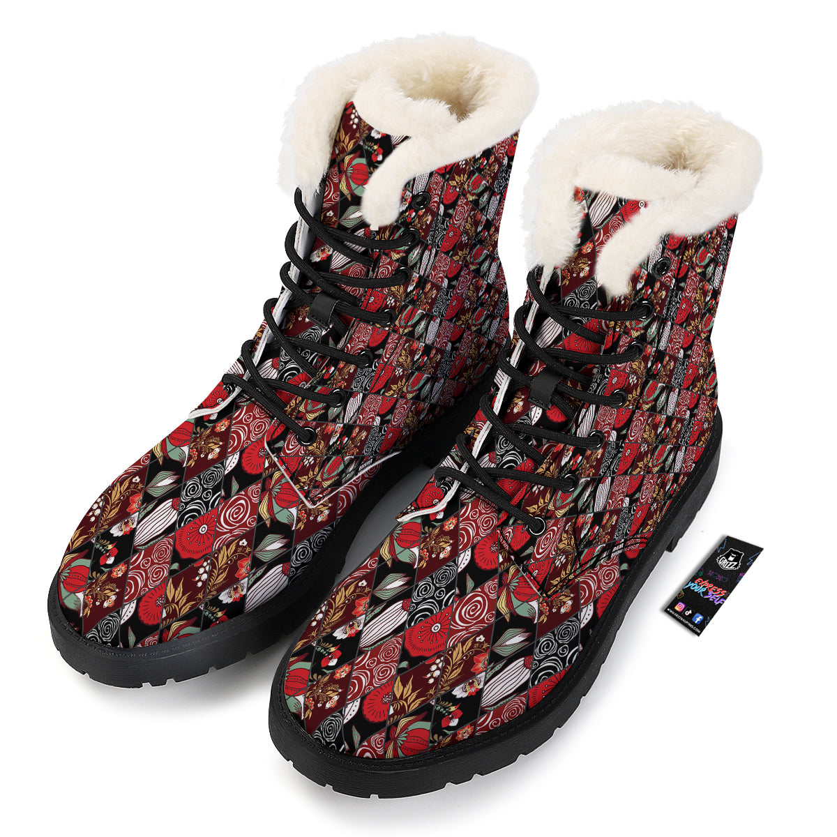 Patchwork Abstract Flower Print Pattern Winter Boots-grizzshop