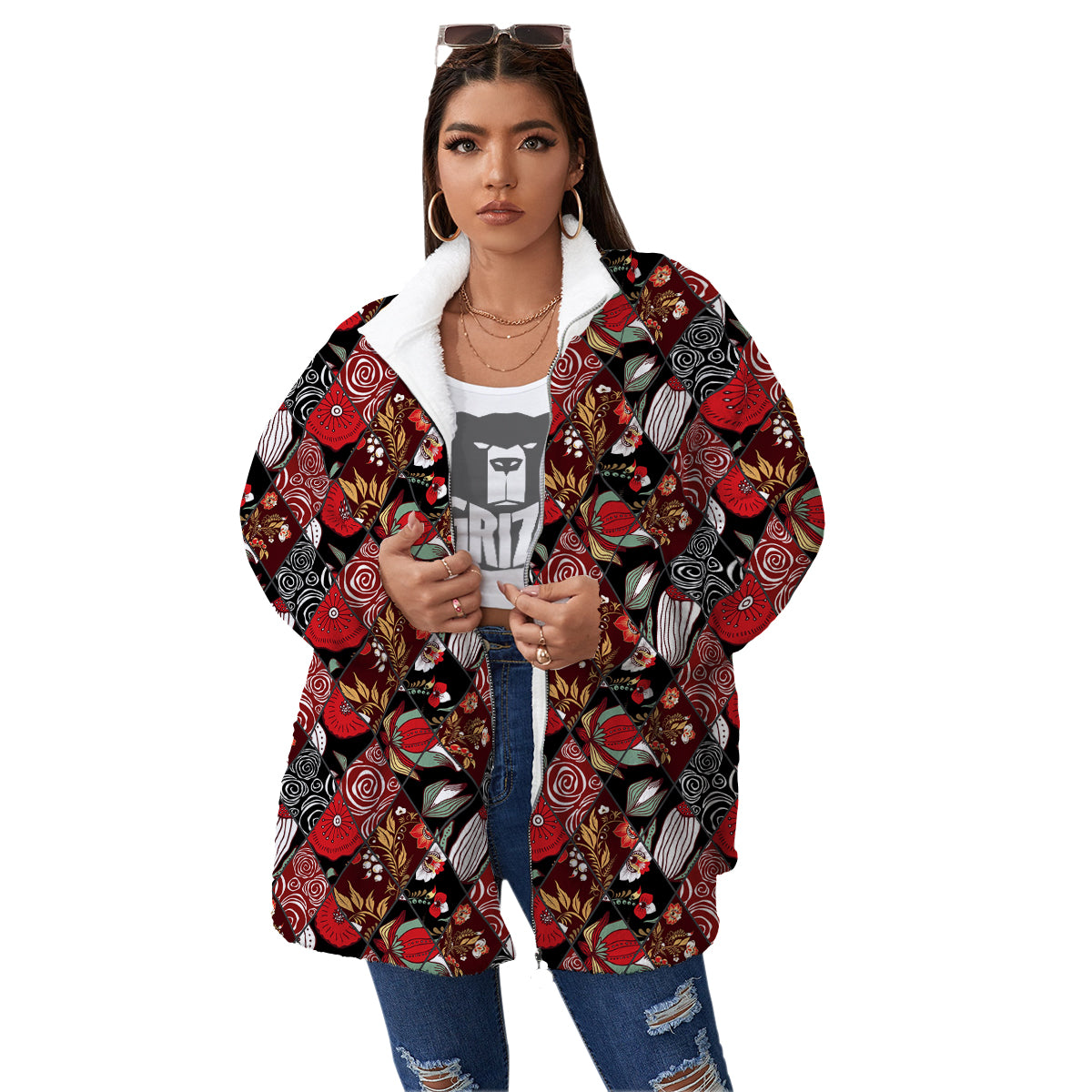 Patchwork Abstract Flower Print Pattern Women's Sherpa Jacket-grizzshop
