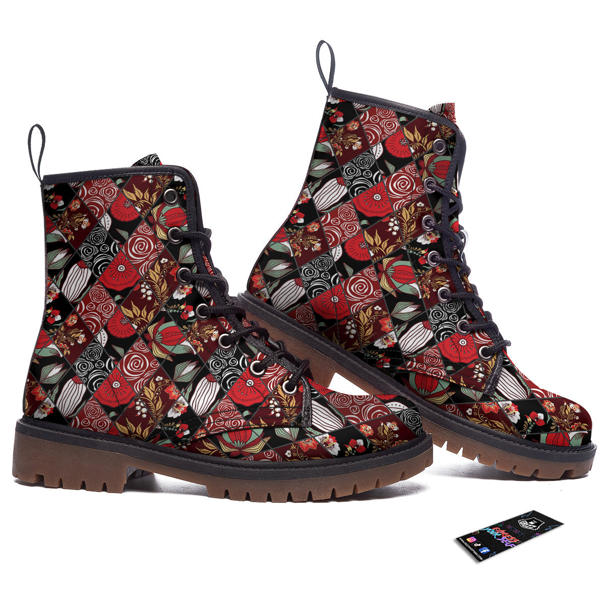 Patchwork Abstract Flower Print Pattern Work Boots-grizzshop