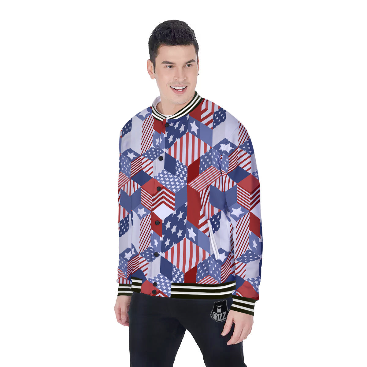 Patchwork American Patriotic Print Baseball Jacket-grizzshop