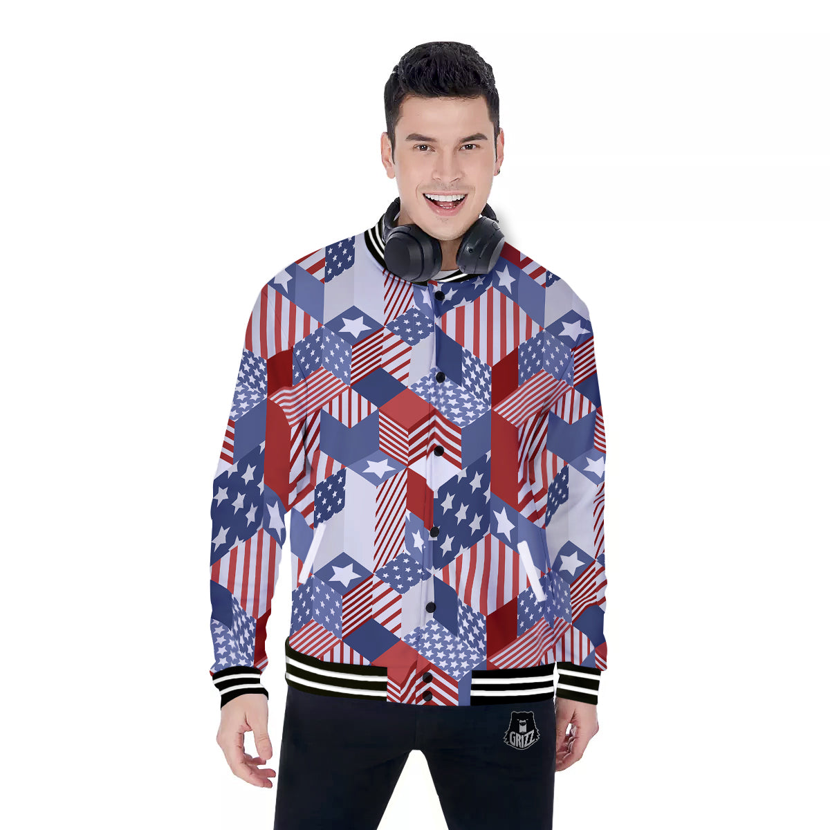 Patchwork American Patriotic Print Baseball Jacket-grizzshop