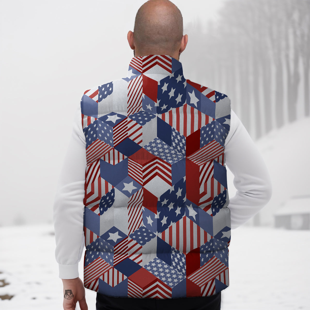 Patchwork American Patriotic Print Down Vest