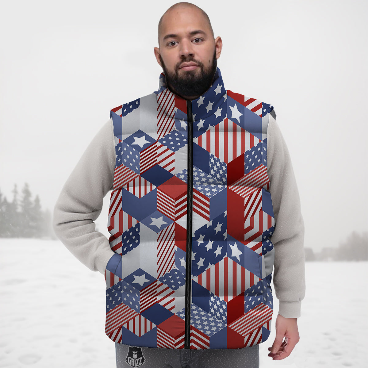 Patchwork American Patriotic Print Down Vest