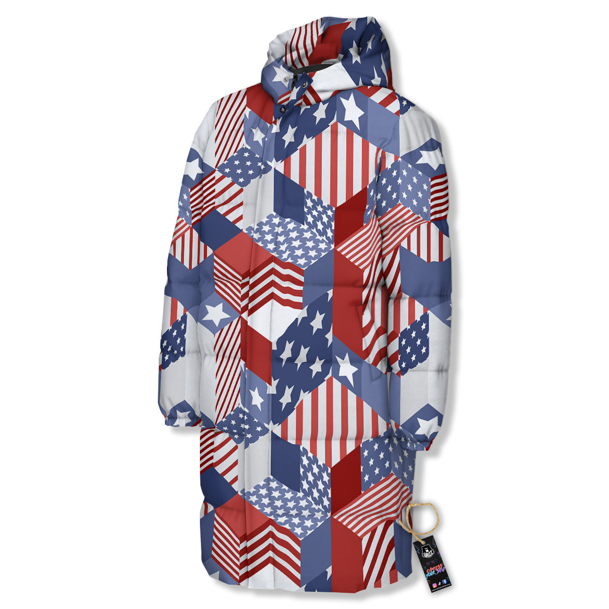 Patchwork American Patriotic Print Long Down Jacket-grizzshop