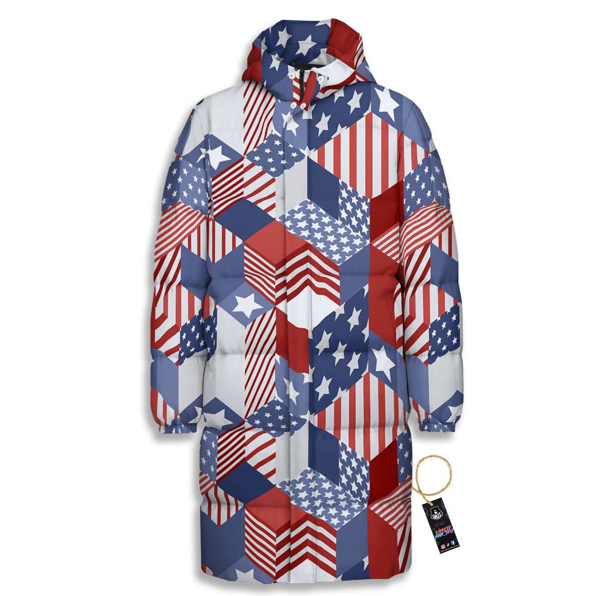 Patchwork American Patriotic Print Long Down Jacket-grizzshop