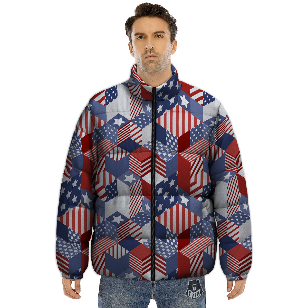 Patchwork American Patriotic Print Puffer Jacket-grizzshop