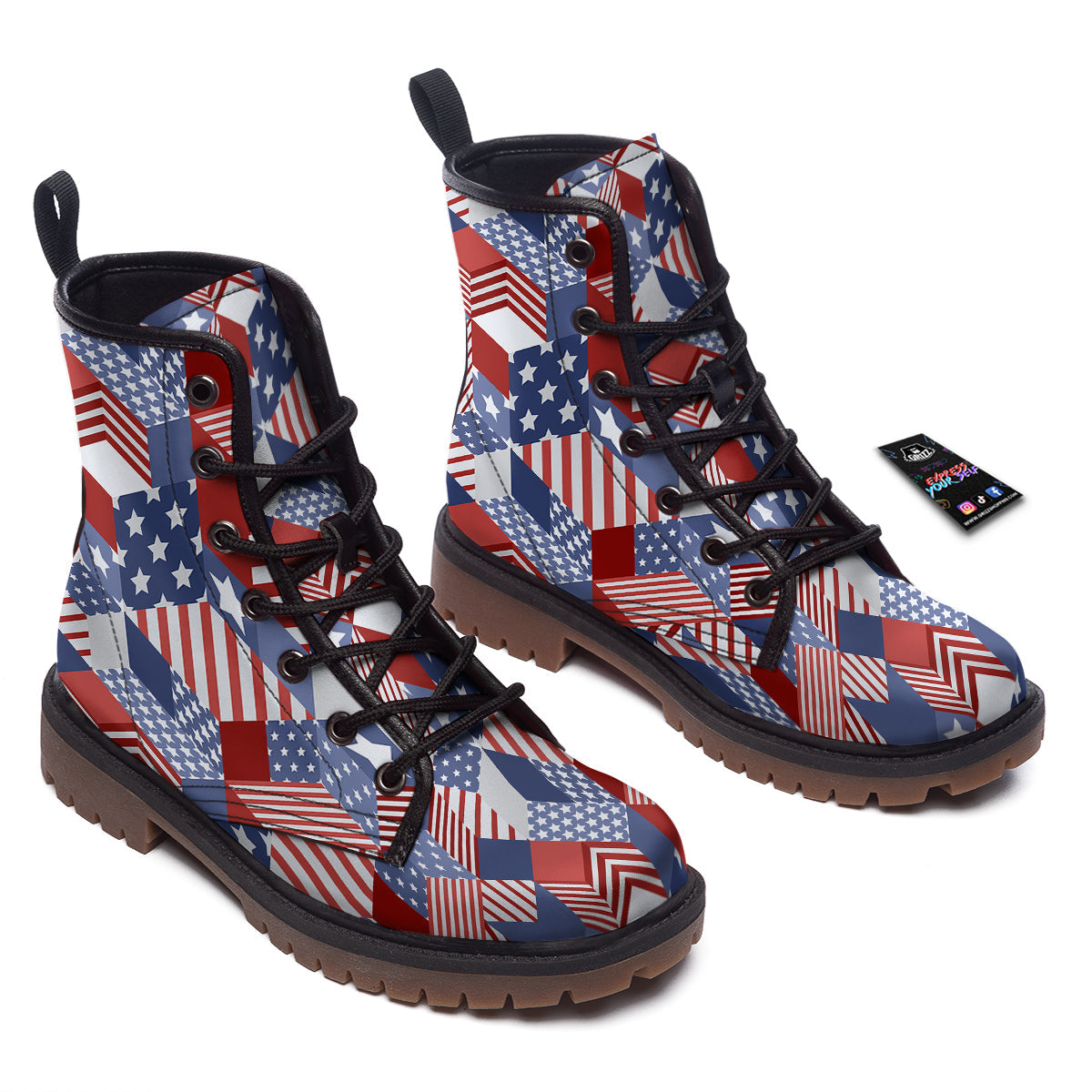Patchwork American Patriotic Print Work Boots-grizzshop