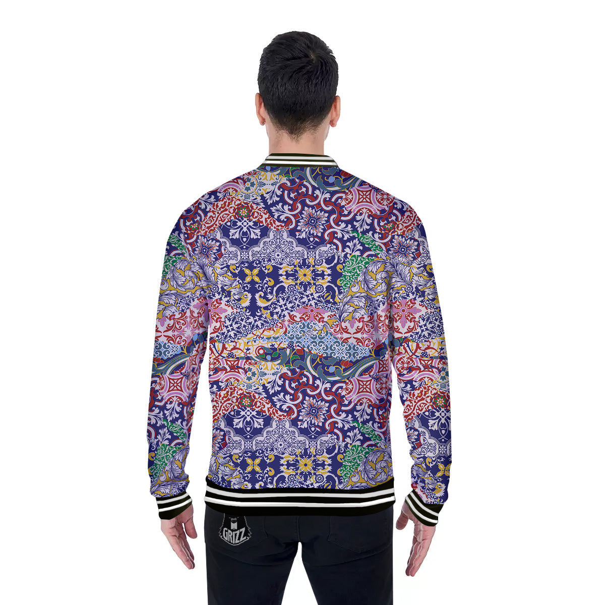 Patchwork Azulejos Tiles Print Pattern Baseball Jacket-grizzshop