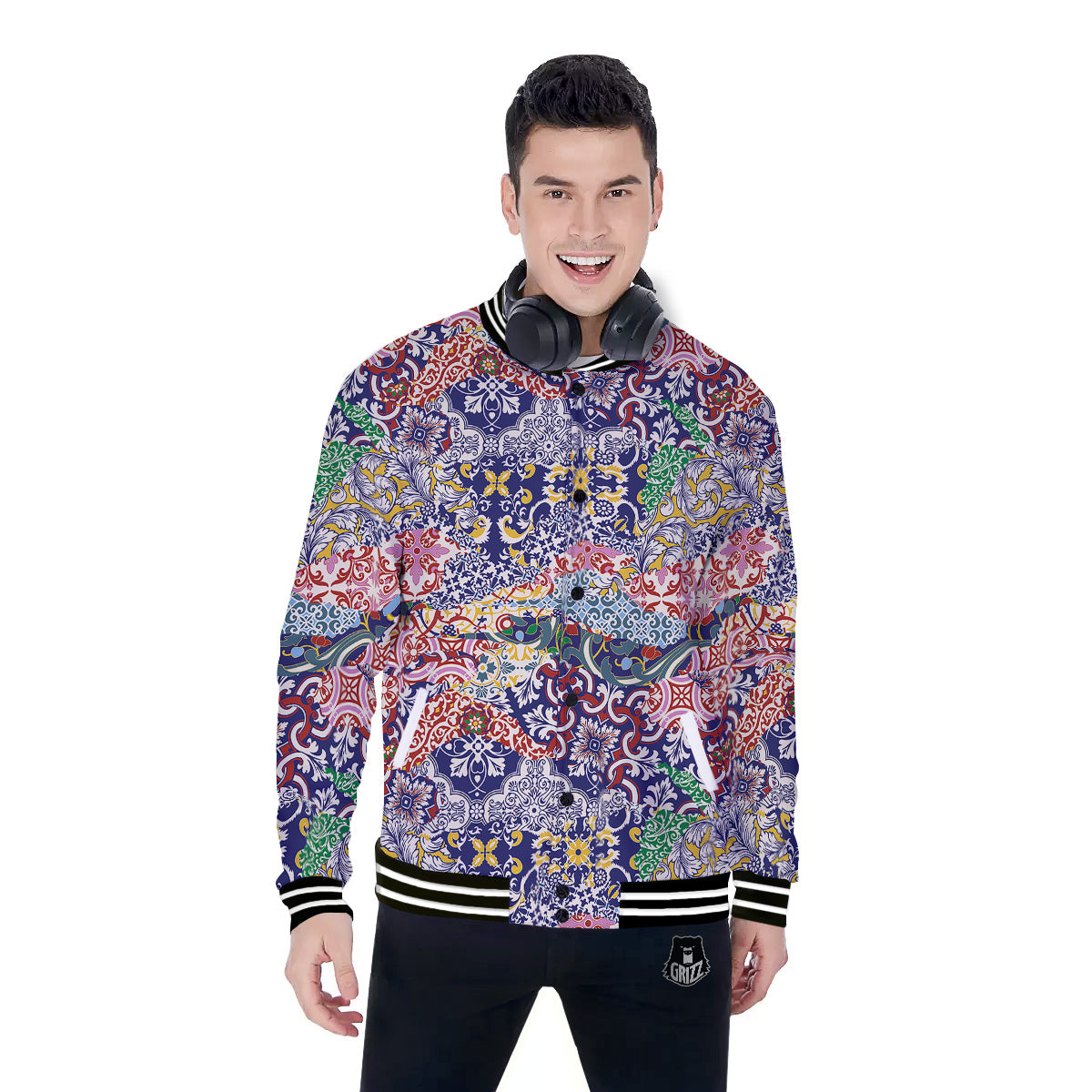 Patchwork Azulejos Tiles Print Pattern Baseball Jacket-grizzshop