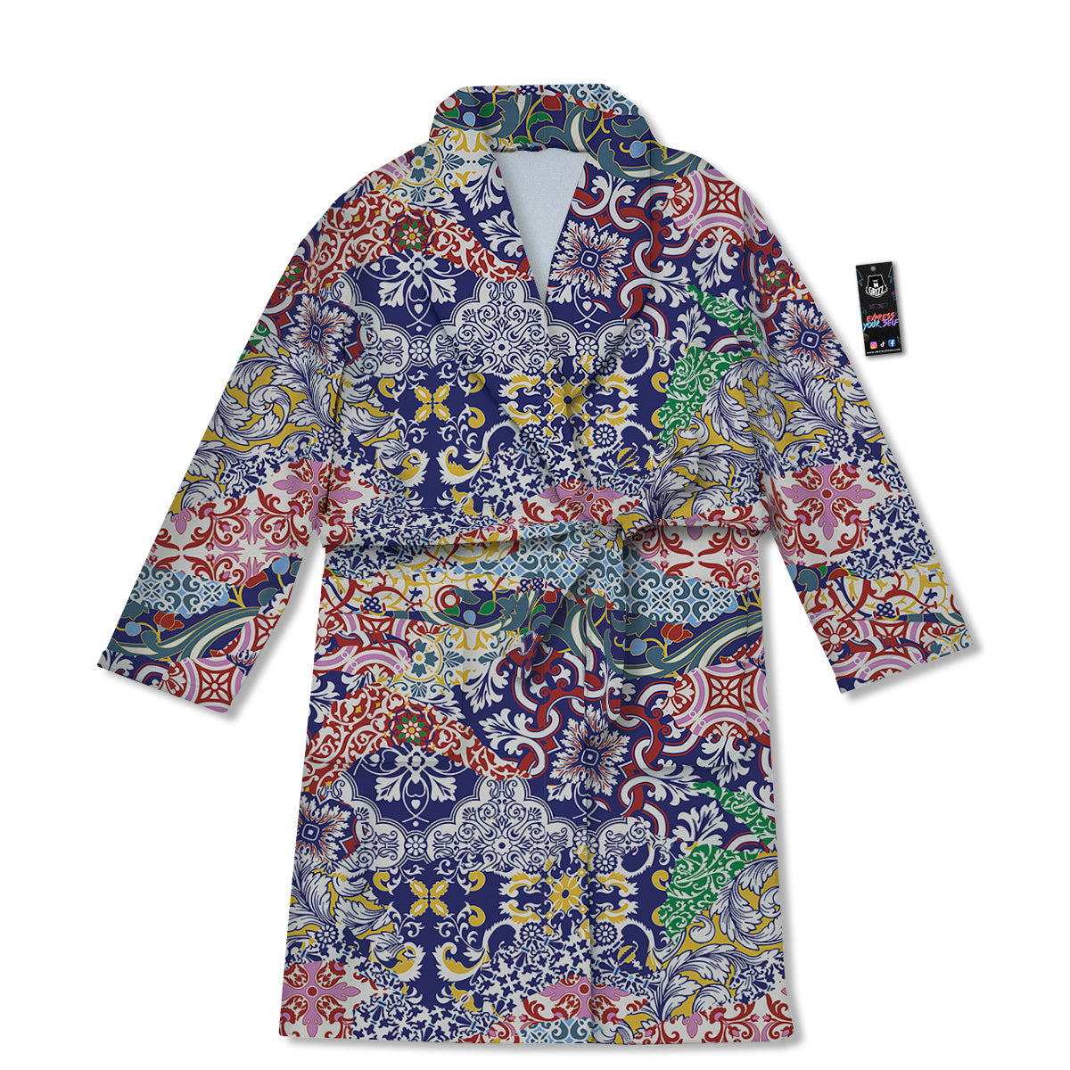 Patchwork Azulejos Tiles Print Pattern Bathrobe-grizzshop