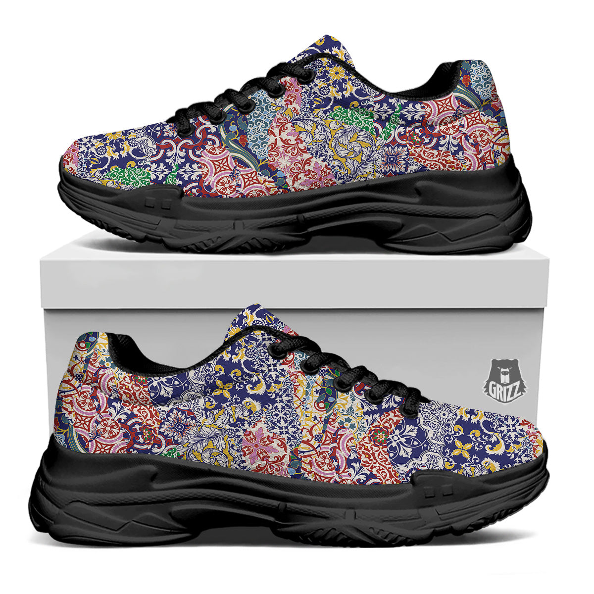 Patchwork Azulejos Tiles Print Pattern Black Chunky Shoes-grizzshop