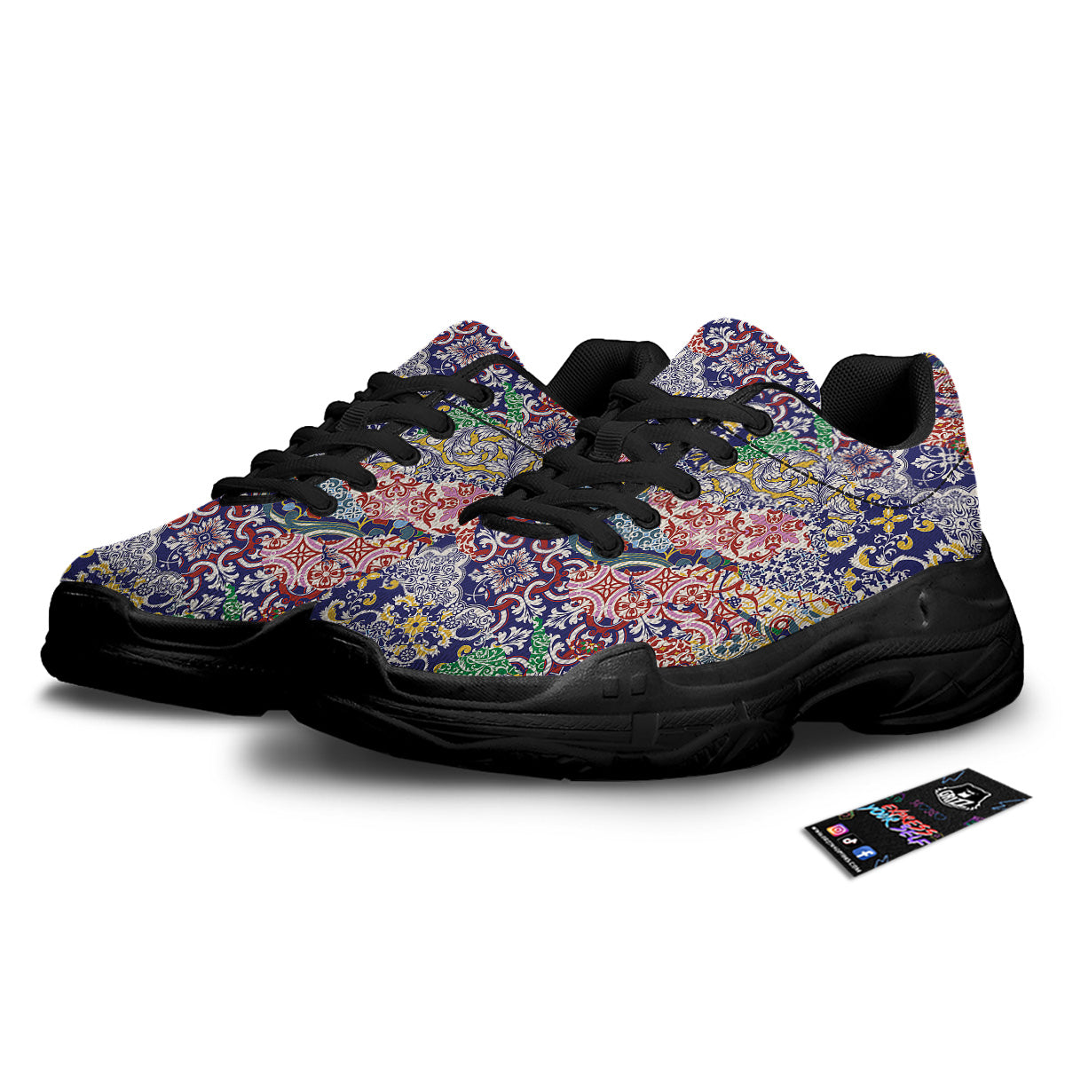 Patchwork Azulejos Tiles Print Pattern Black Chunky Shoes-grizzshop