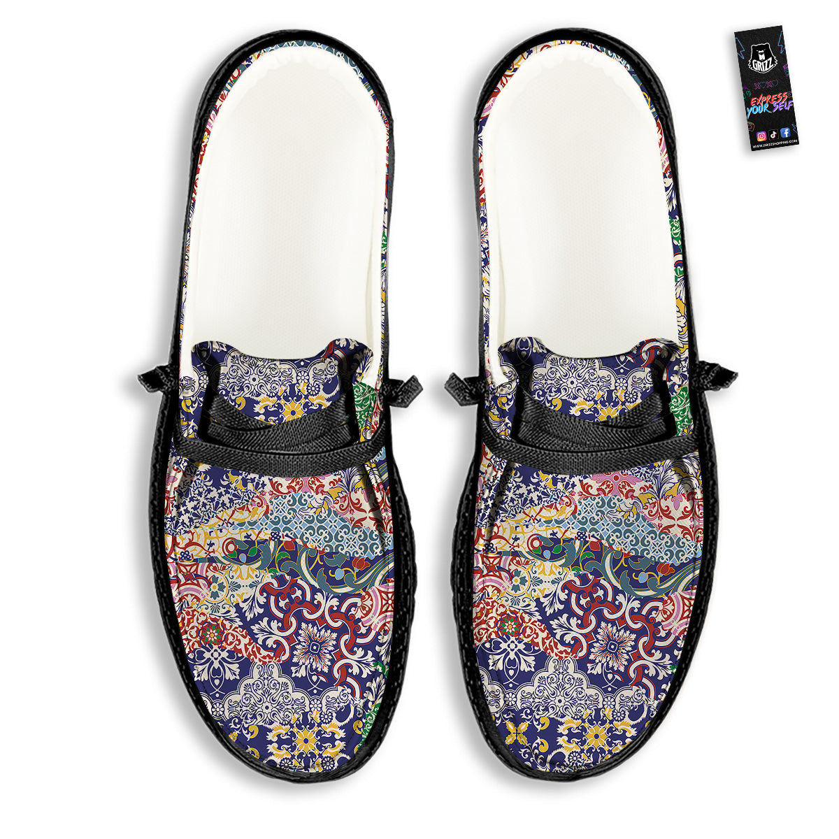 Patchwork Azulejos Tiles Print Pattern Black Loafers-grizzshop