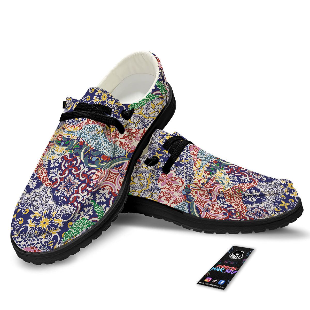 Patchwork Azulejos Tiles Print Pattern Black Loafers-grizzshop