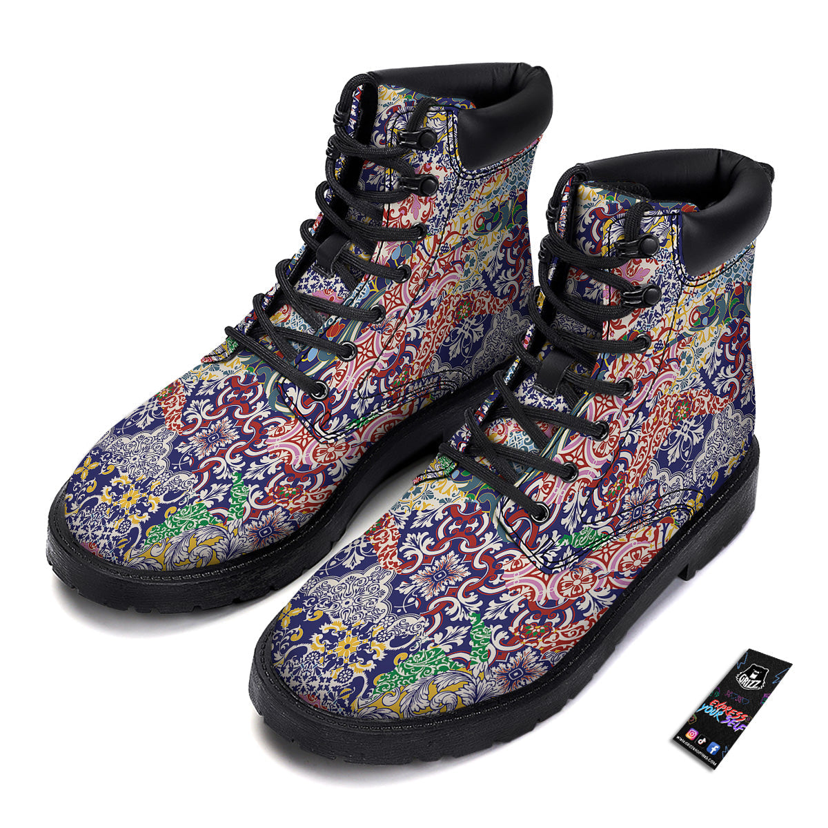 Patchwork Azulejos Tiles Print Pattern Boots-grizzshop