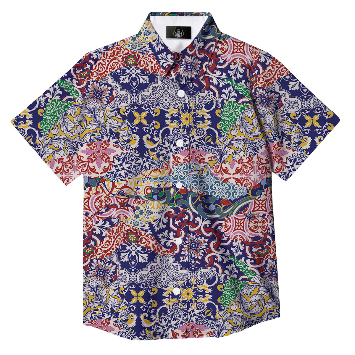 Patchwork Azulejos Tiles Print Pattern Button Up Shirt-grizzshop