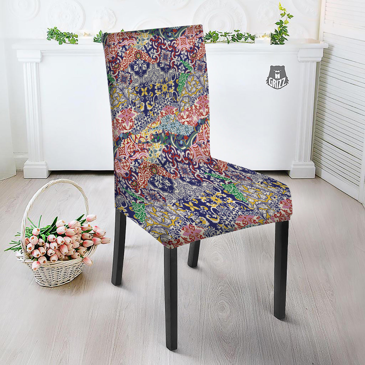 Patchwork Azulejos Tiles Print Pattern Dining Chair Slipcover-grizzshop