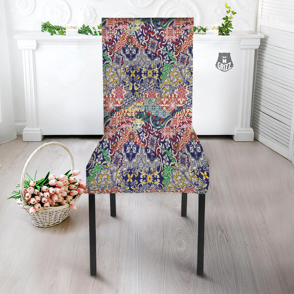 Patchwork Azulejos Tiles Print Pattern Dining Chair Slipcover-grizzshop