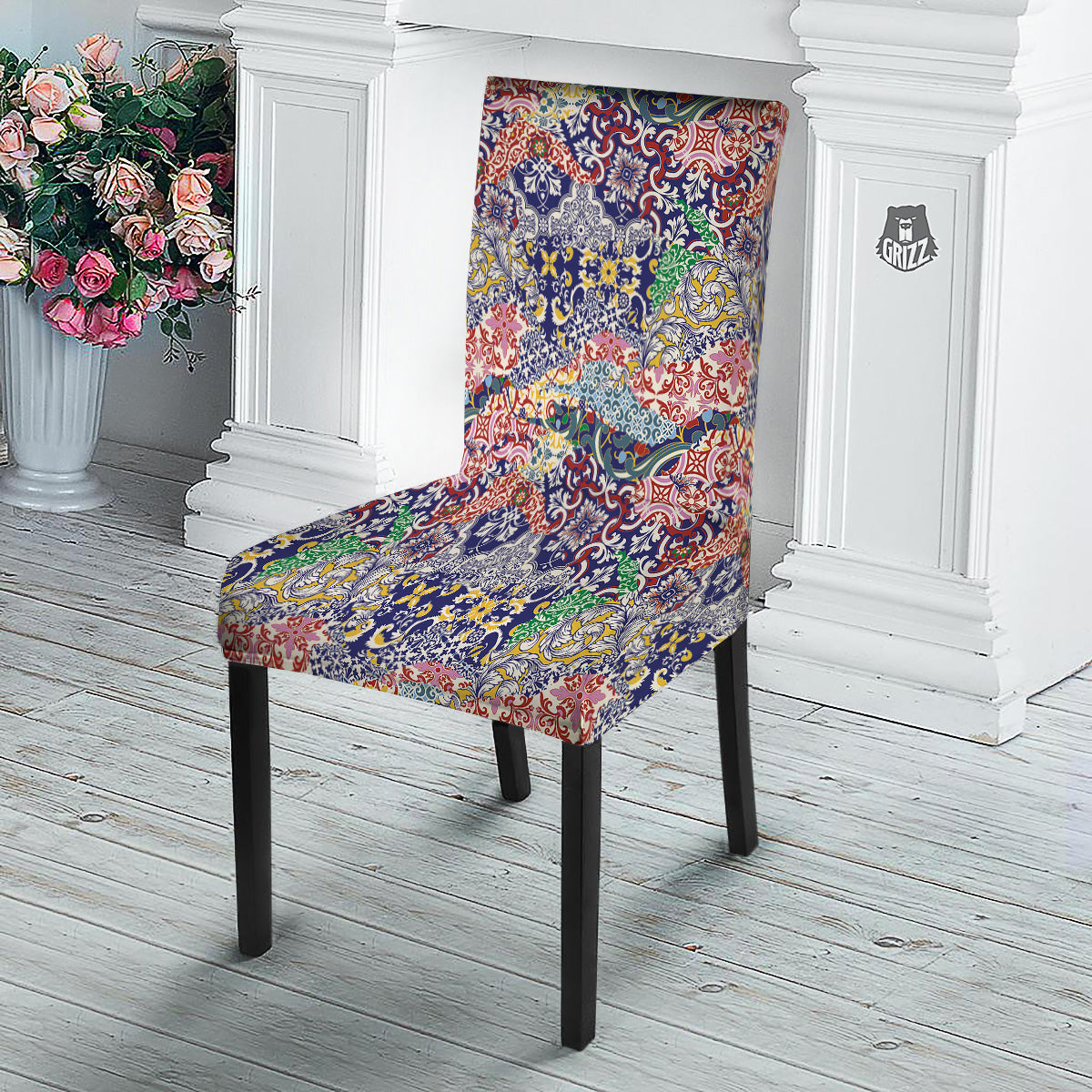 Patchwork Azulejos Tiles Print Pattern Dining Chair Slipcover-grizzshop