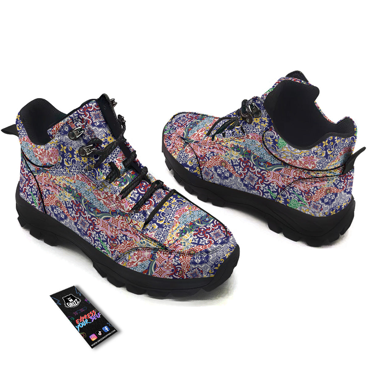 Patchwork Azulejos Tiles Print Pattern Hiking Shoes-grizzshop