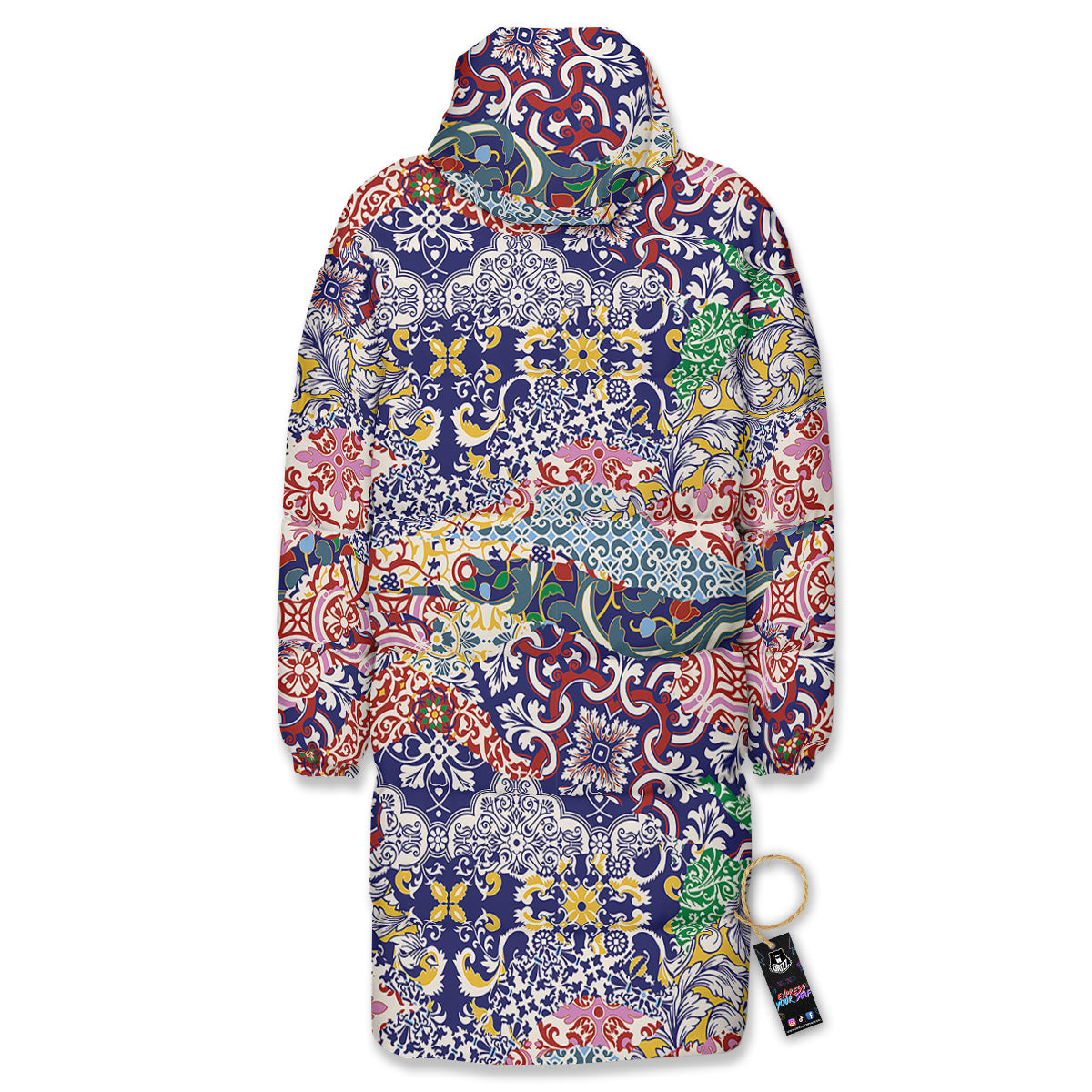 Patchwork Azulejos Tiles Print Pattern Long Down Jacket-grizzshop