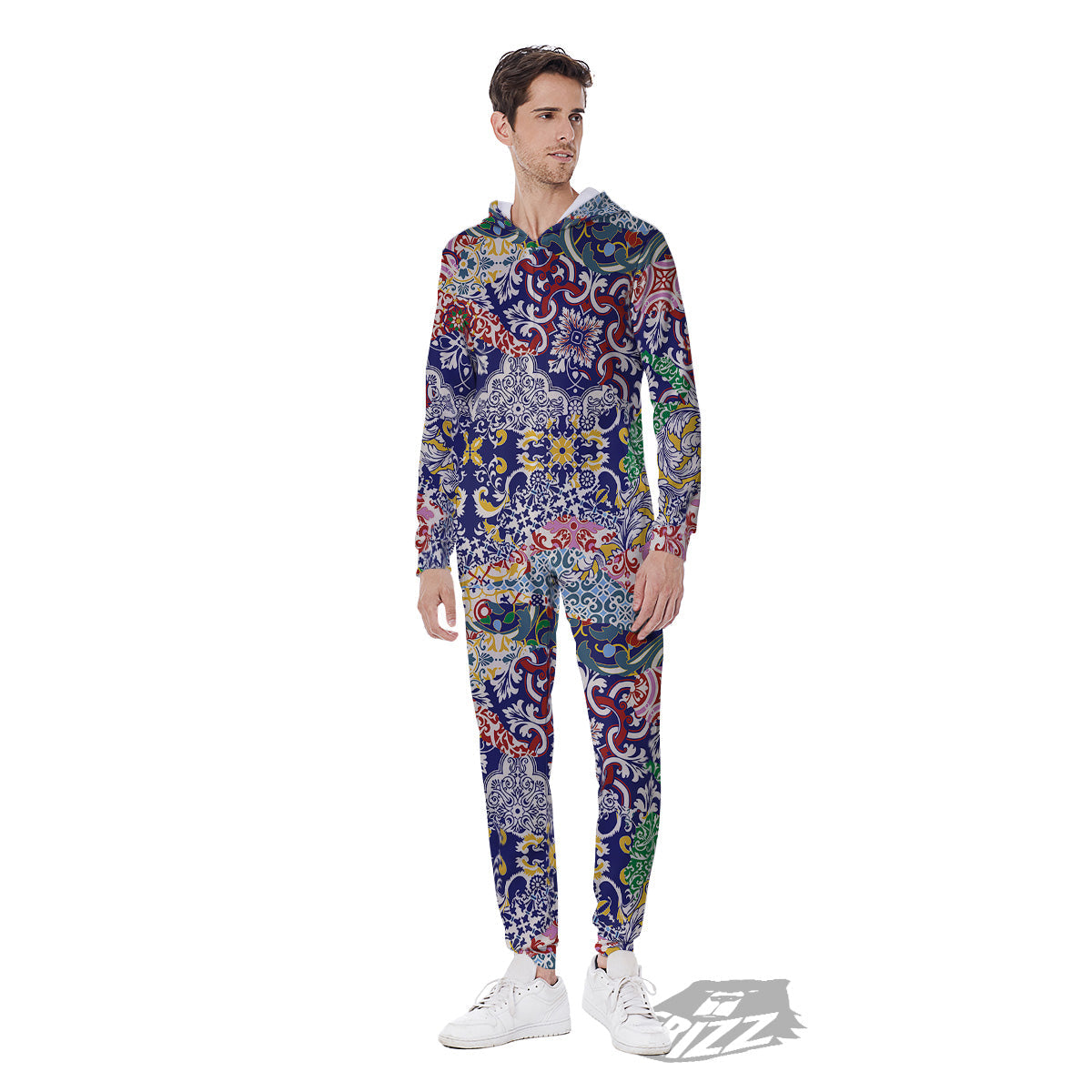Patchwork Azulejos Tiles Print Pattern Men's Jumpsuit-grizzshop