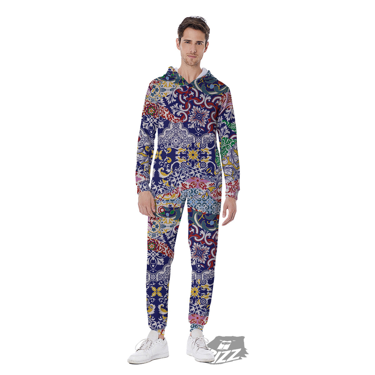 Patchwork Azulejos Tiles Print Pattern Men's Jumpsuit-grizzshop