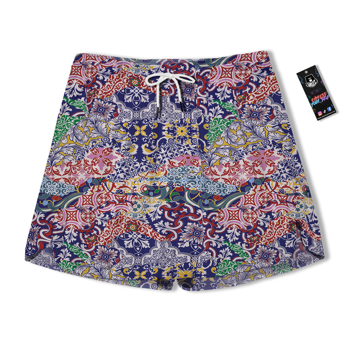 Patchwork Azulejos Tiles Print Pattern Men's Running Shorts-grizzshop