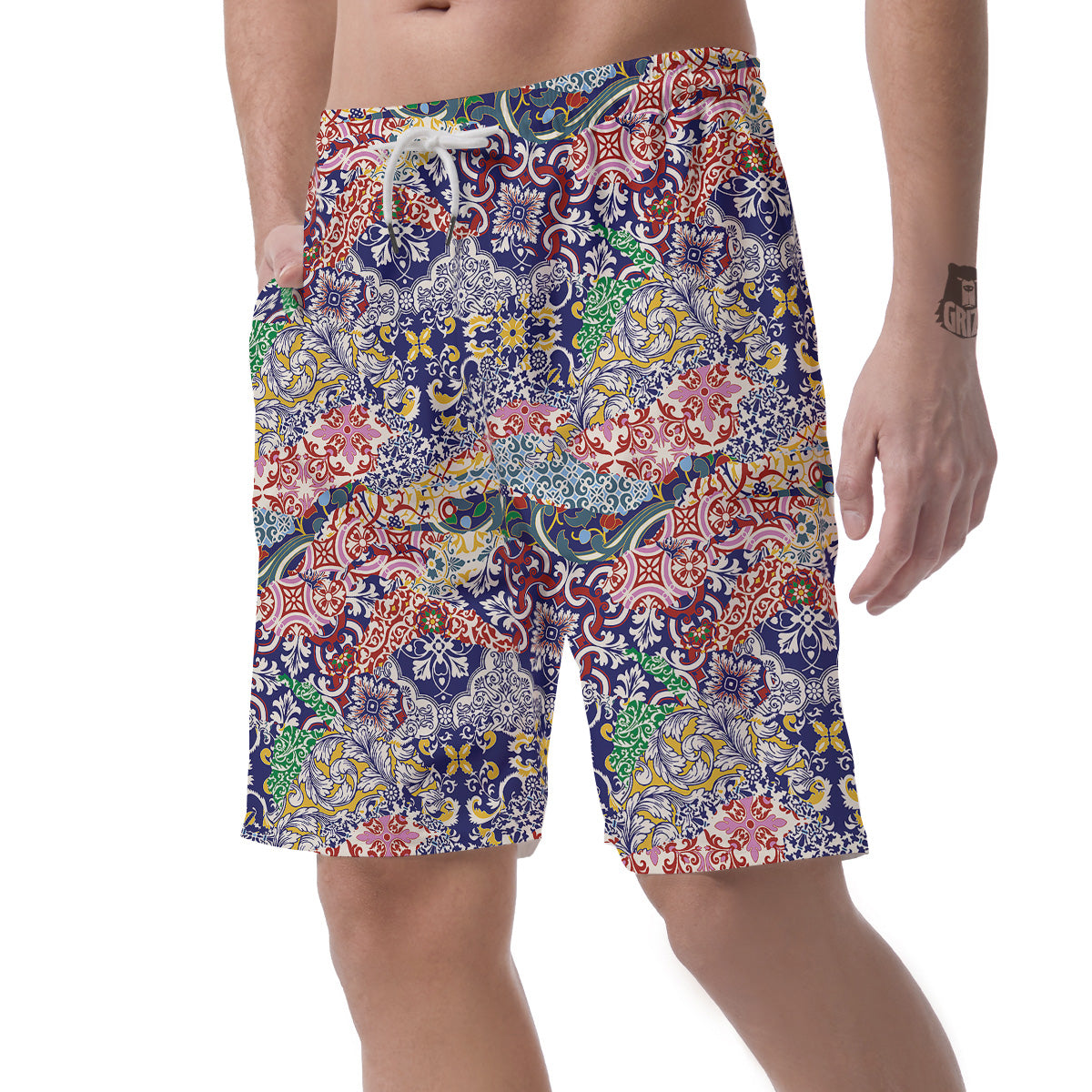 Patchwork Azulejos Tiles Print Pattern Men's Shorts-grizzshop