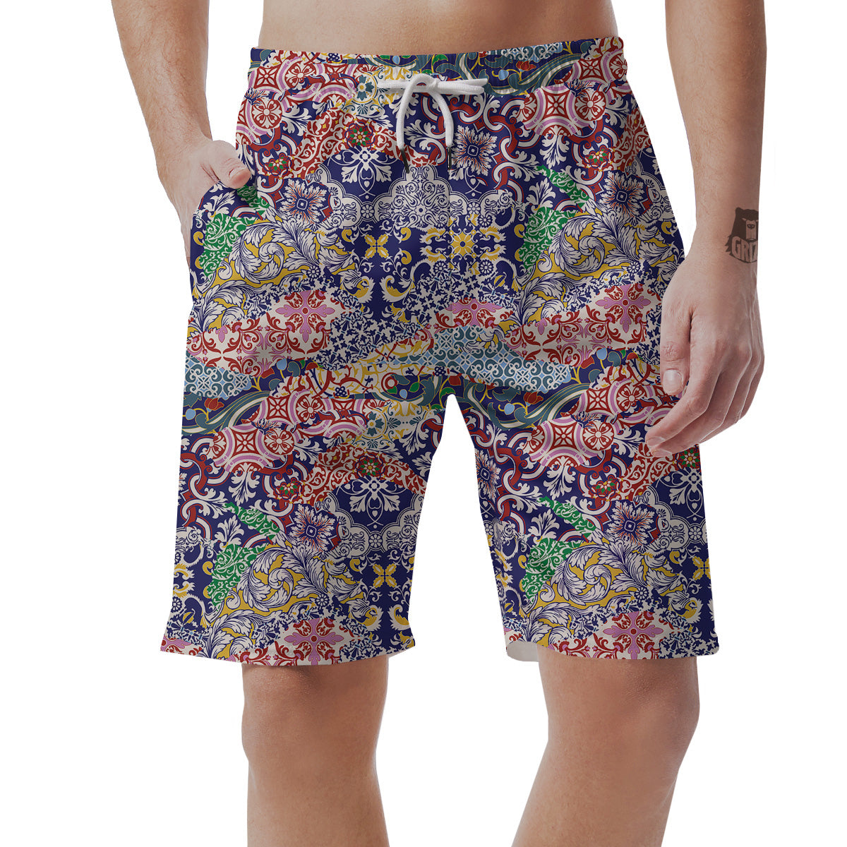 Patchwork Azulejos Tiles Print Pattern Men's Shorts-grizzshop