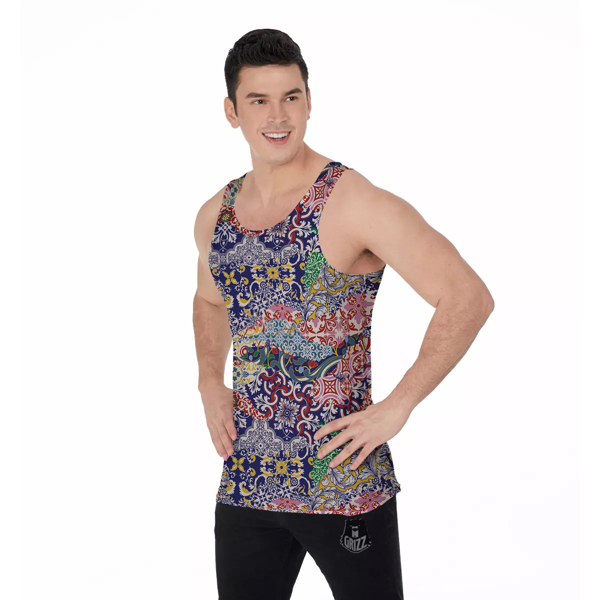 Patchwork Azulejos Tiles Print Pattern Men's Tank Top-grizzshop
