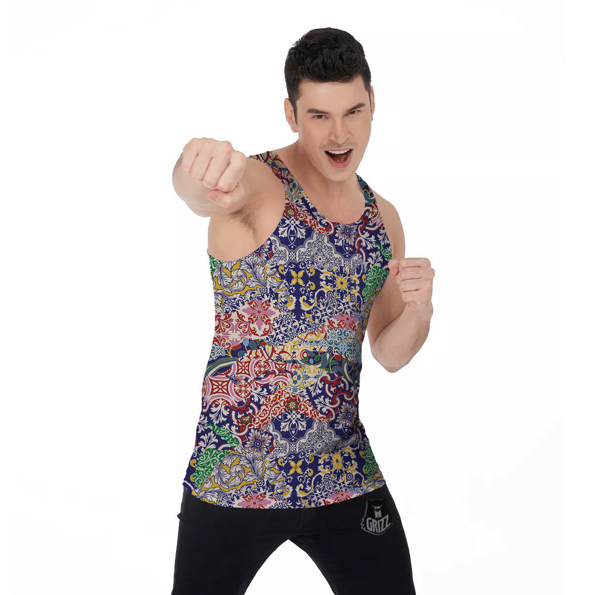 Patchwork Azulejos Tiles Print Pattern Men's Tank Top-grizzshop