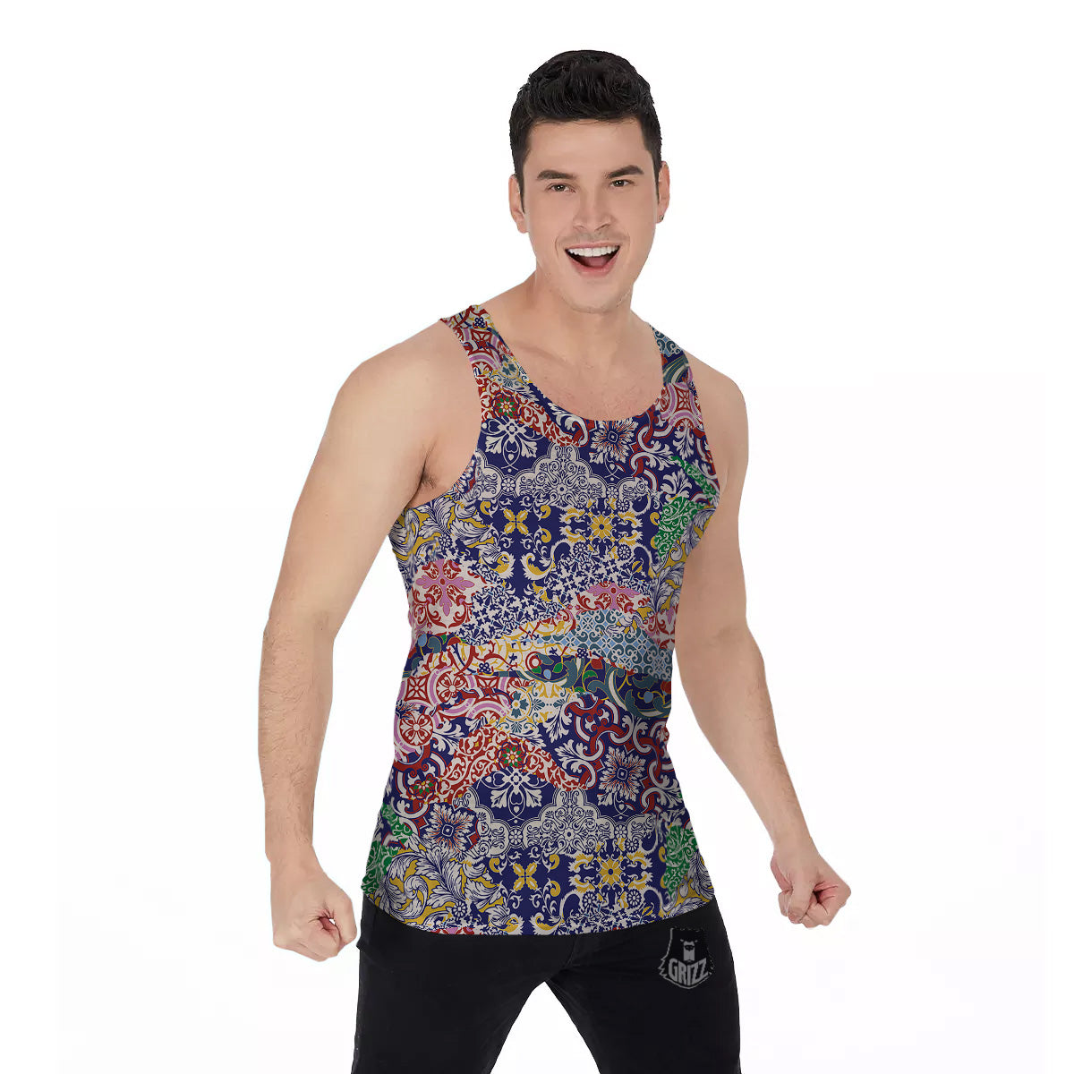 Patchwork Azulejos Tiles Print Pattern Men's Tank Top-grizzshop