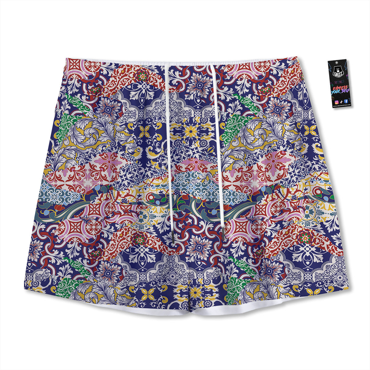 Pink Green And White Argyle Print Mesh Shorts