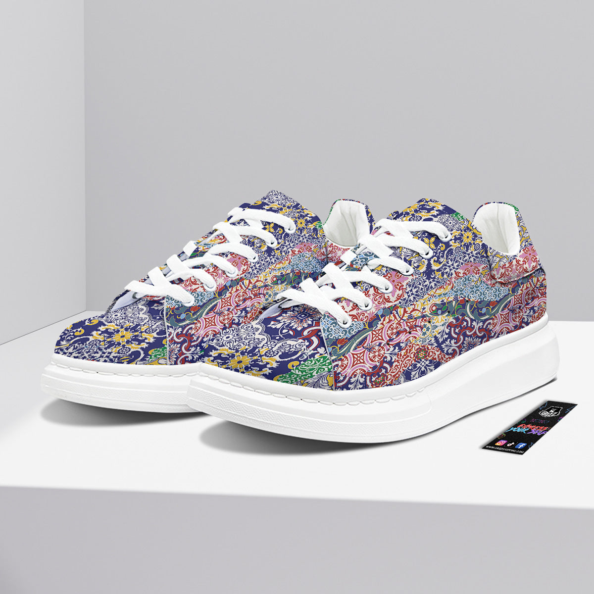 Patchwork Azulejos Tiles Print Pattern Platform Shoes-grizzshop