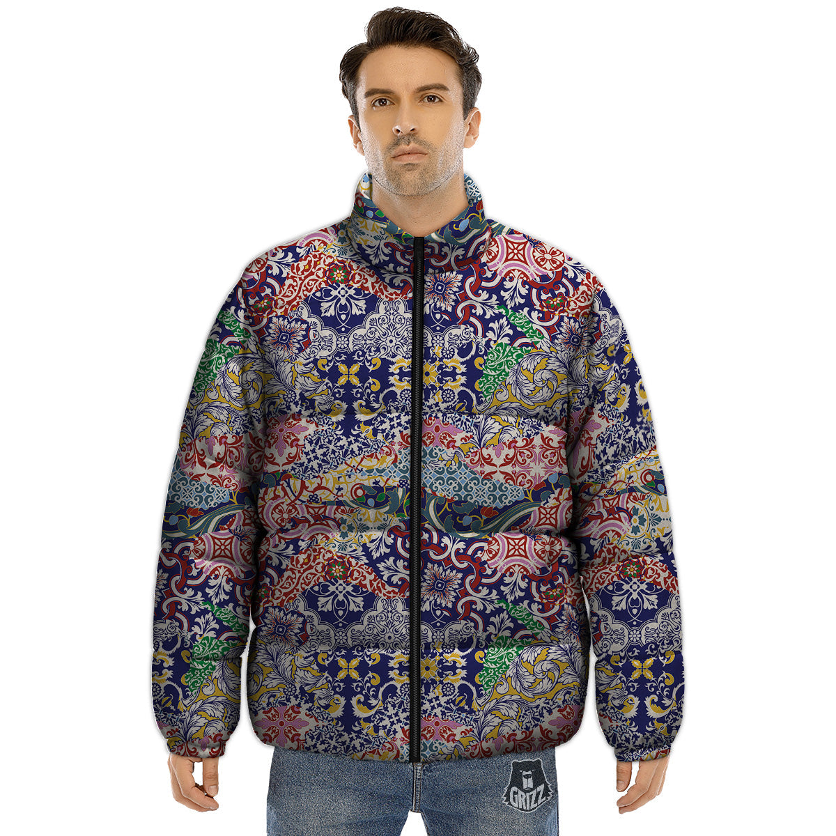 Patchwork Azulejos Tiles Print Pattern Puffer Jacket-grizzshop