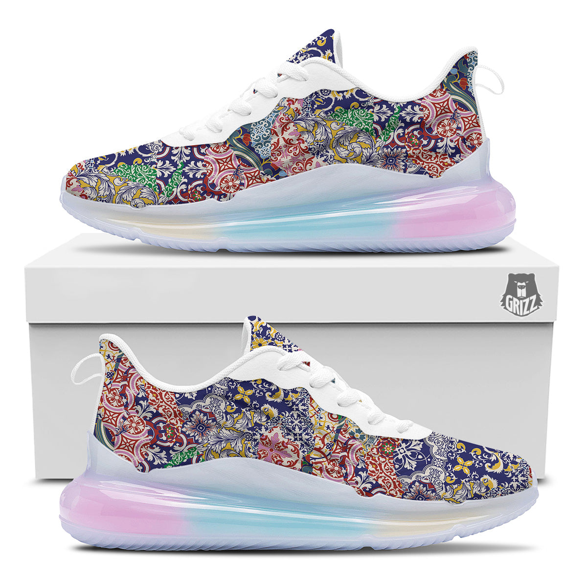 Patchwork Azulejos Tiles Print Pattern Running Sneakers-grizzshop