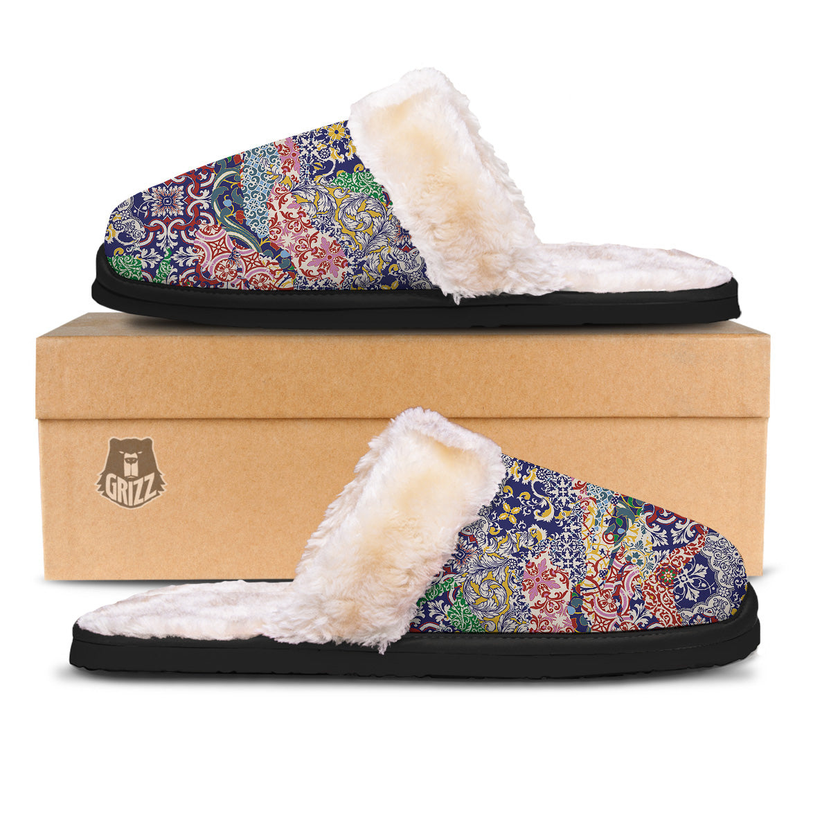 Patchwork Azulejos Tiles Print Pattern Slippers-grizzshop