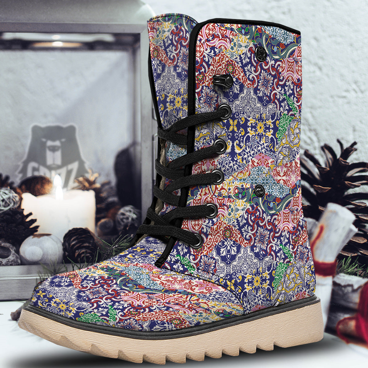 Patchwork Azulejos Tiles Print Pattern Snow Boots-grizzshop