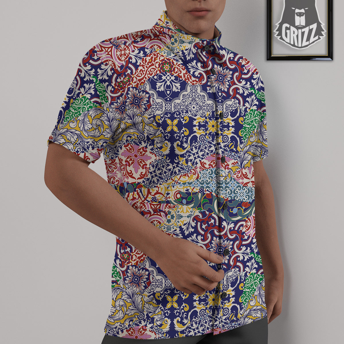 Patchwork Azulejos Tiles Print Pattern Untucked Shirts-grizzshop