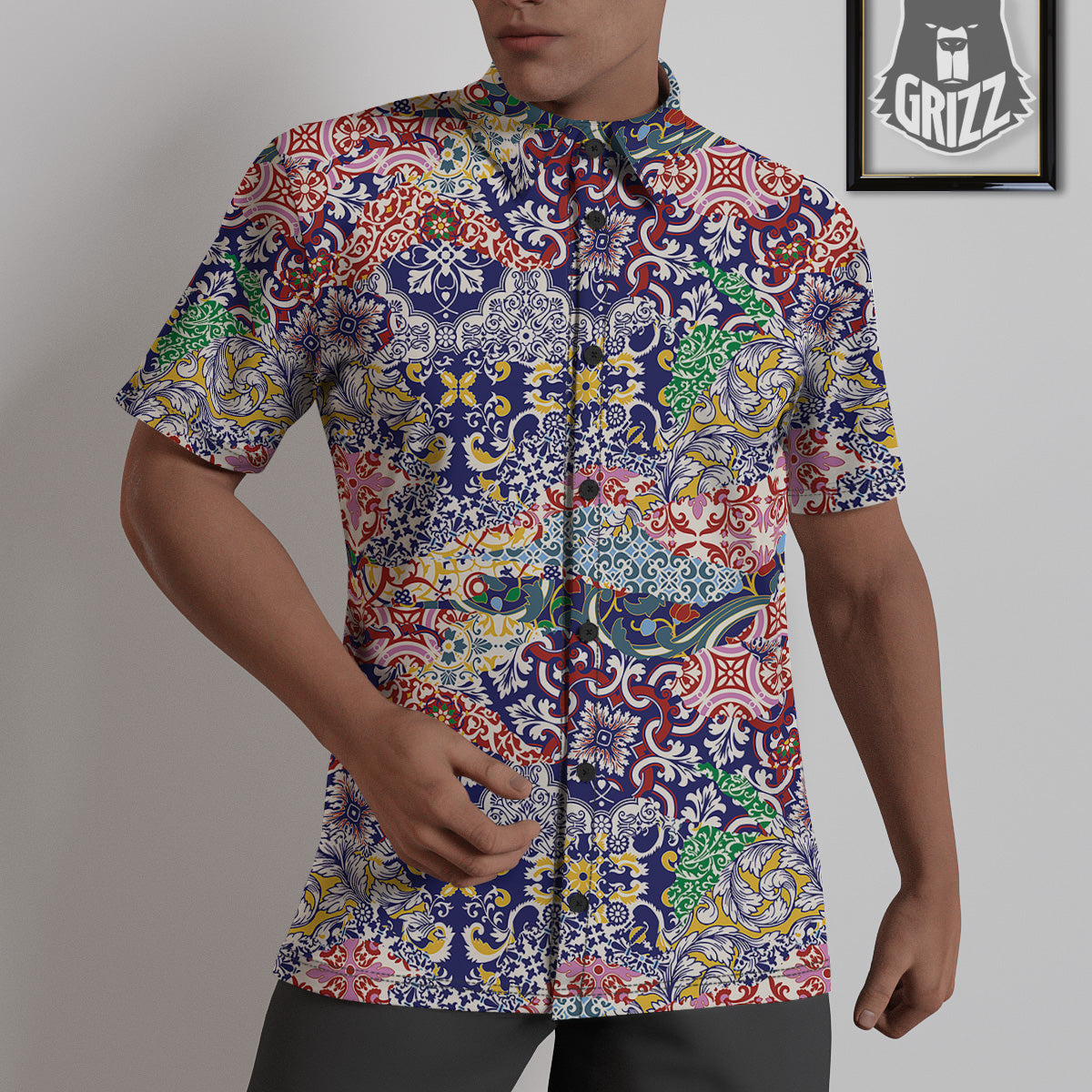 Patchwork Azulejos Tiles Print Pattern Untucked Shirts-grizzshop