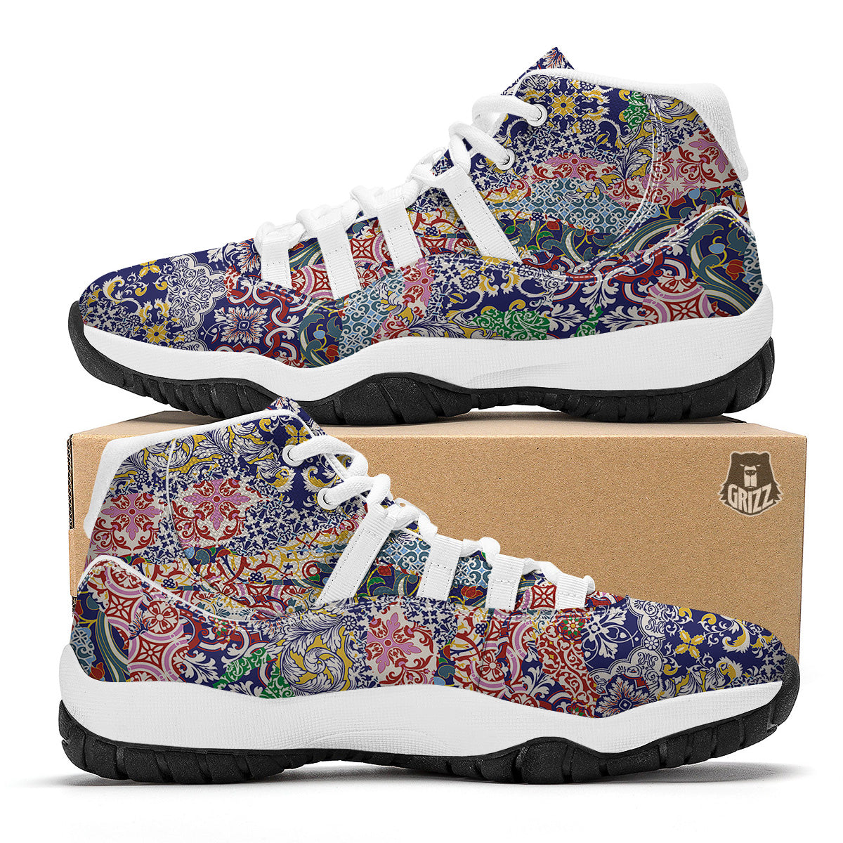 Patchwork Azulejos Tiles Print Pattern White Bball Shoes-grizzshop