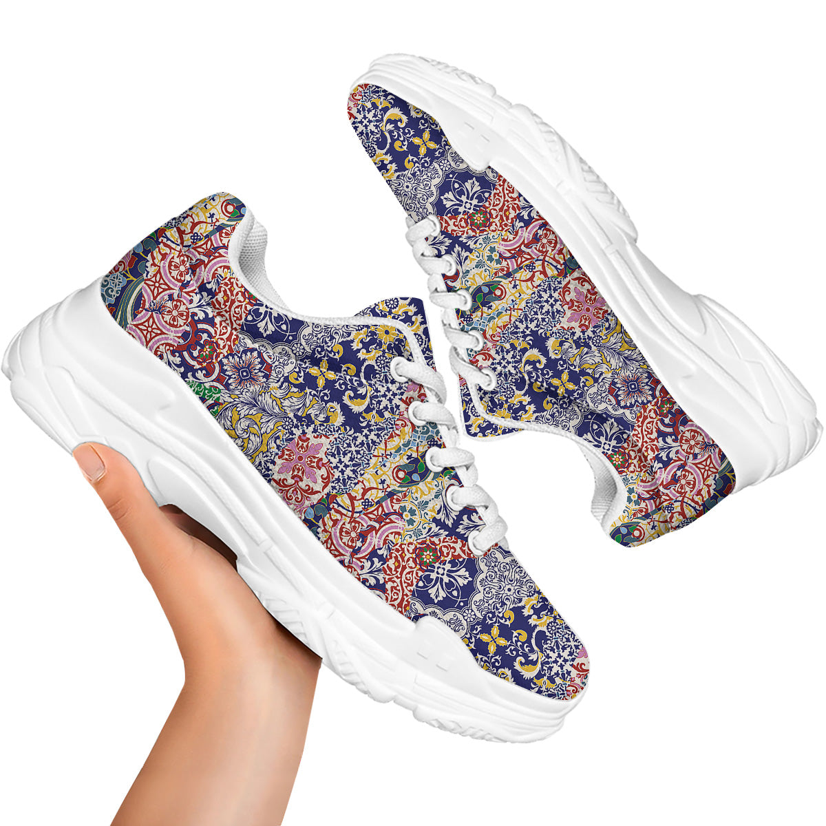 Patchwork Azulejos Tiles Print Pattern White Chunky Shoes-grizzshop