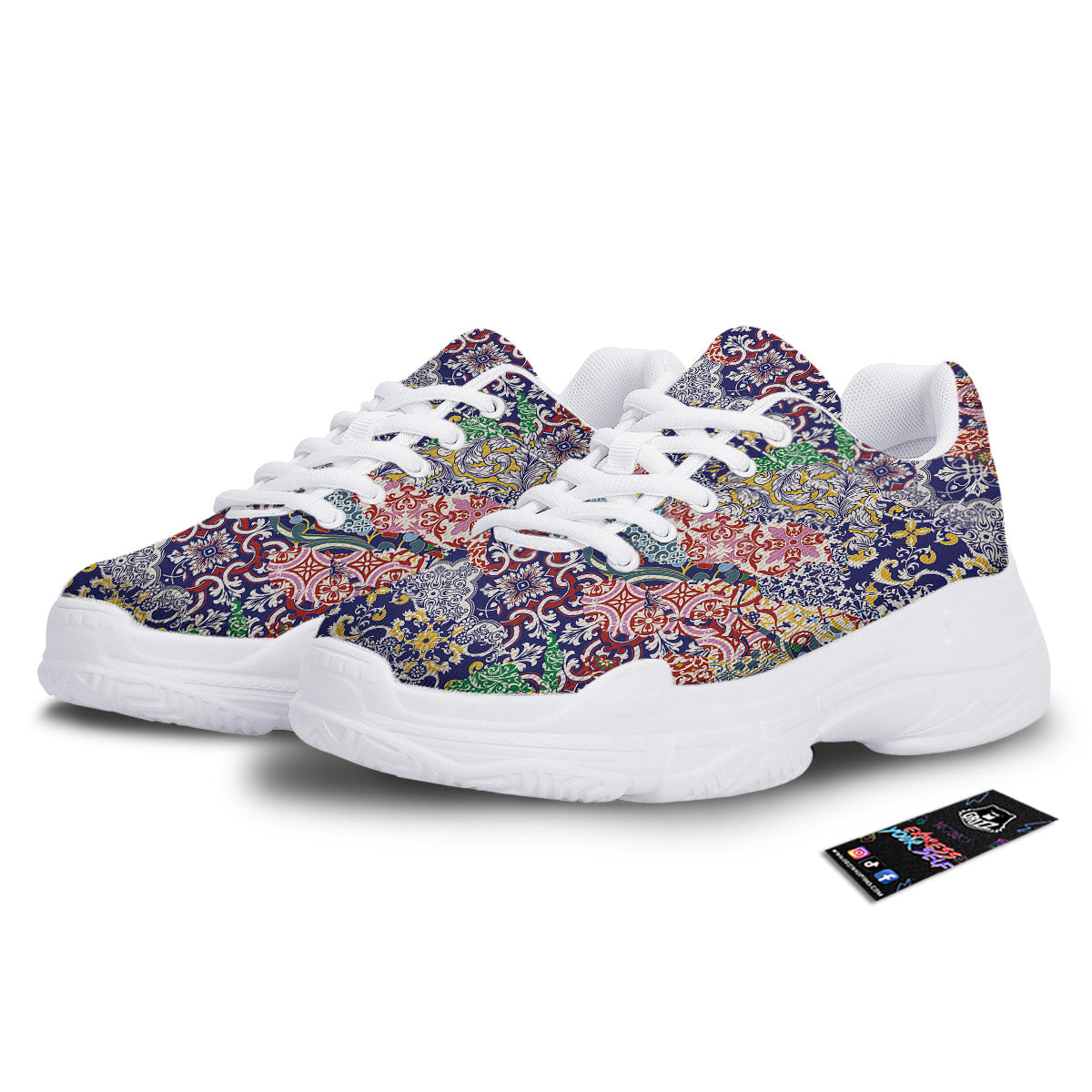 Patchwork Azulejos Tiles Print Pattern White Chunky Shoes-grizzshop